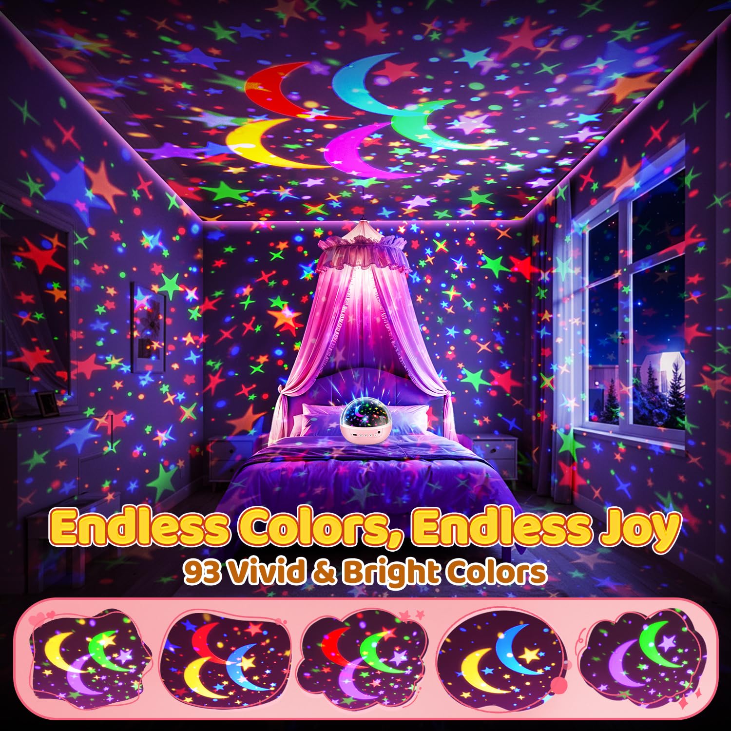 COOLNIGHT projector with 93 lighting effects and color options for mood variety.