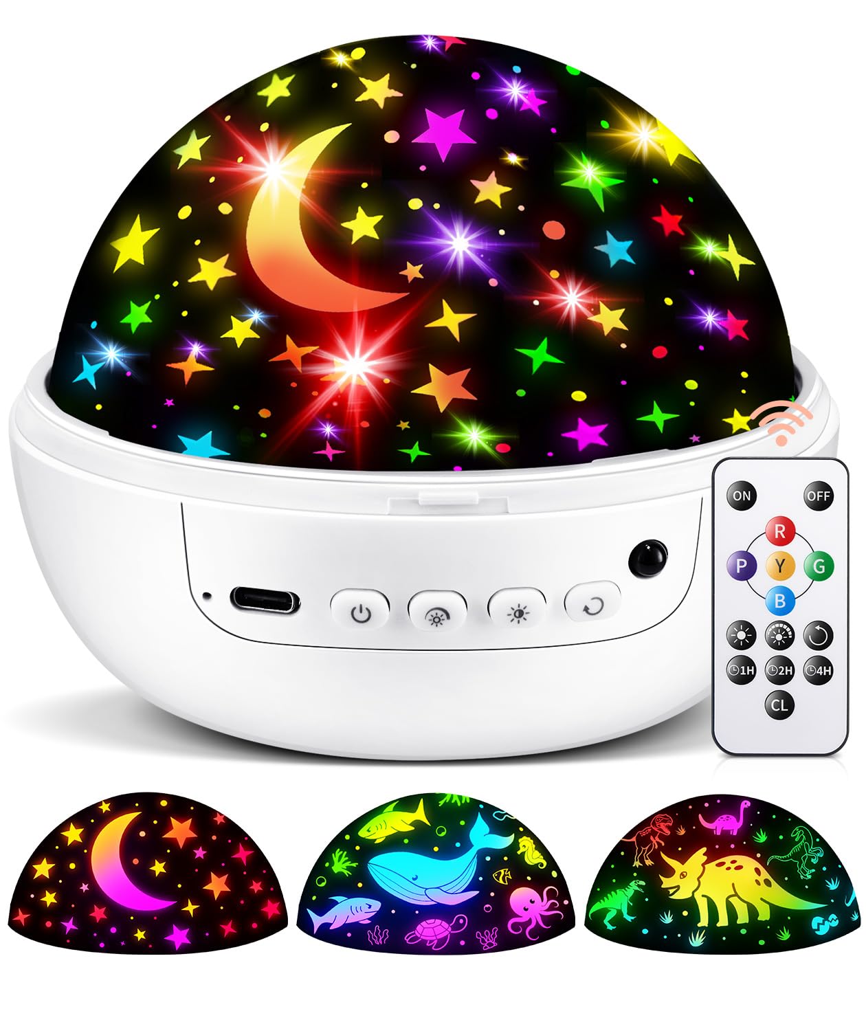 CoolNIGHT moon projector lights the nursery ceiling with a gentle, soothing glow.