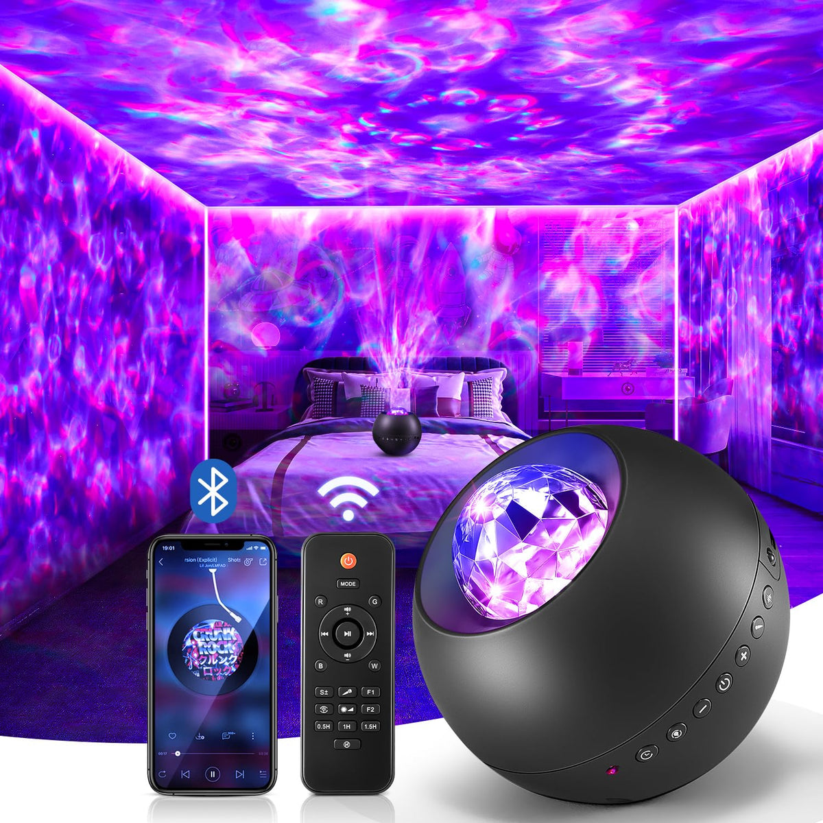 COOLNIGHT Galaxy Light Projector front view highlights 210 effects for dreamy bedroom ambience