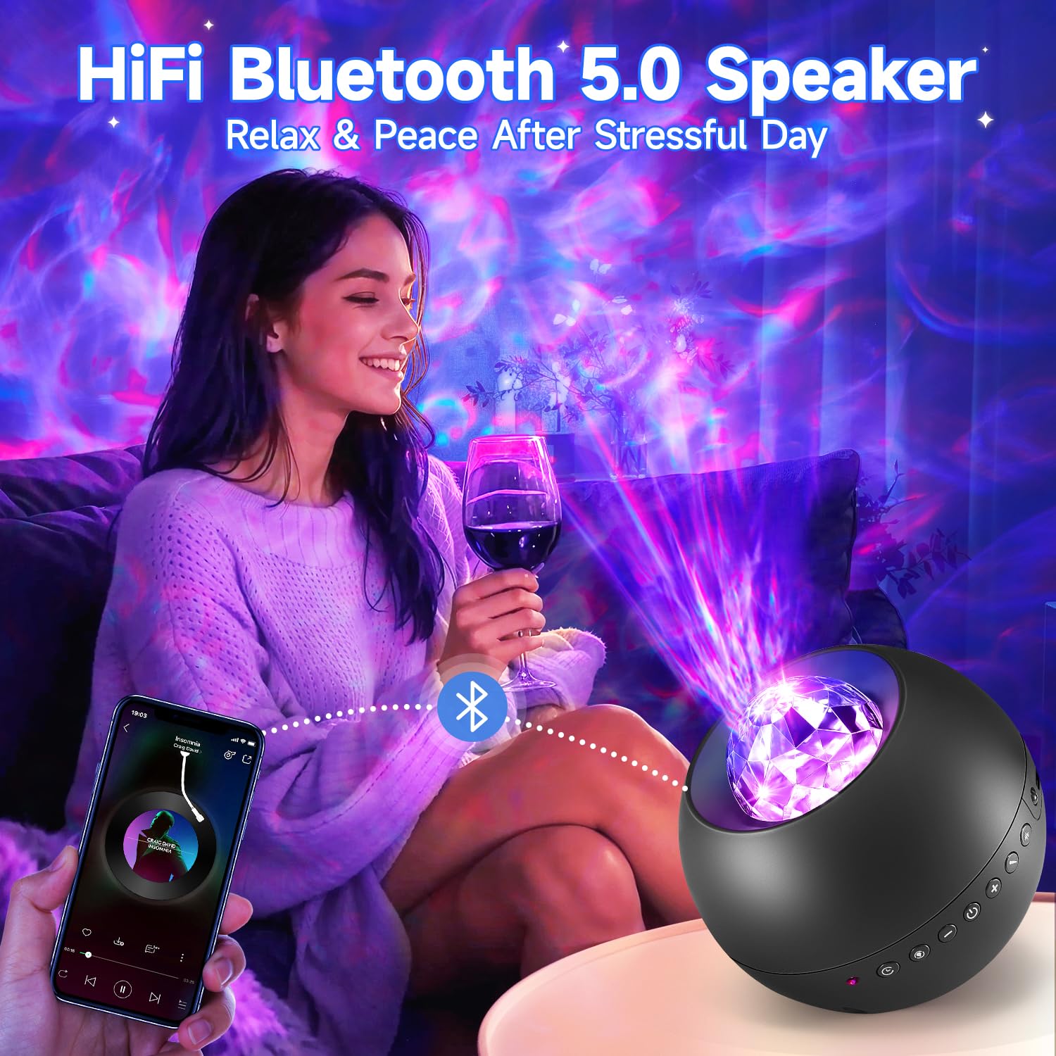 COOLNIGHT Galaxy Light Projector LED effects cast calming water ripple scenes