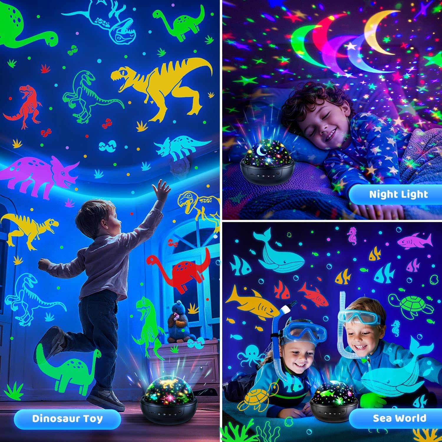 COOLNIGHT kid-friendly projector projecting scenes on ceiling for bedtime.