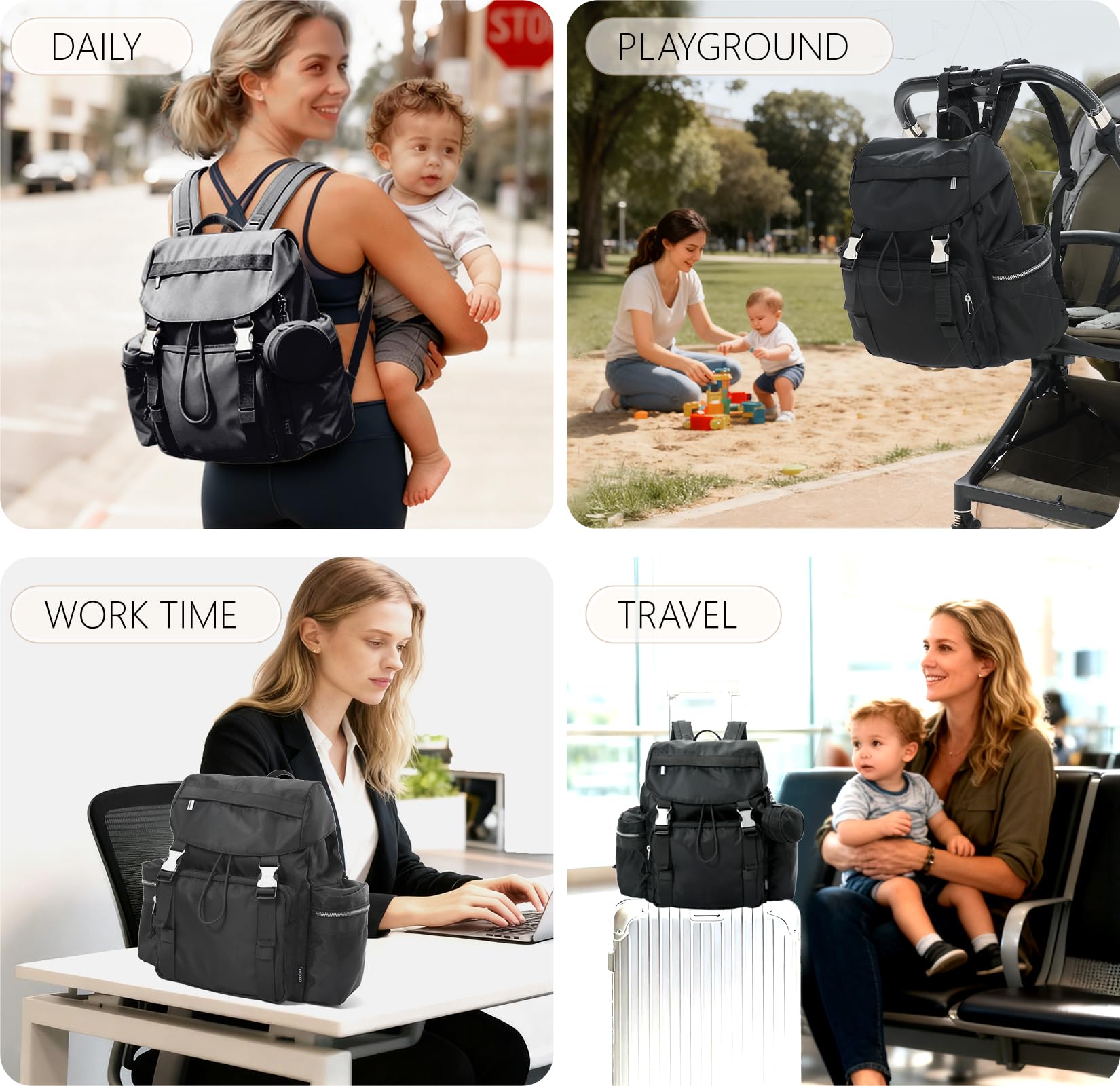CoolREX diaper bag backpack rear view with luggage strap for travel