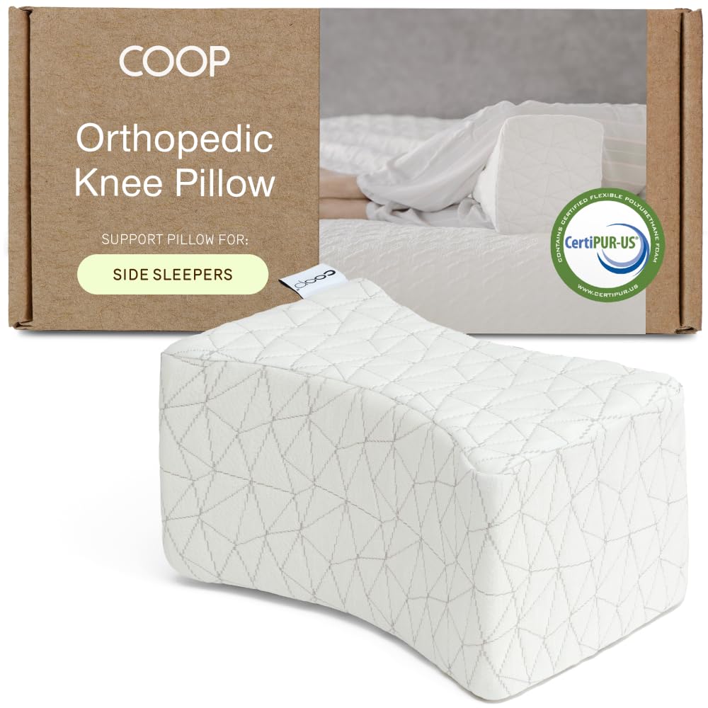 Coop Home Goods knee pillow for side sleepers showing contoured design for proper alignment