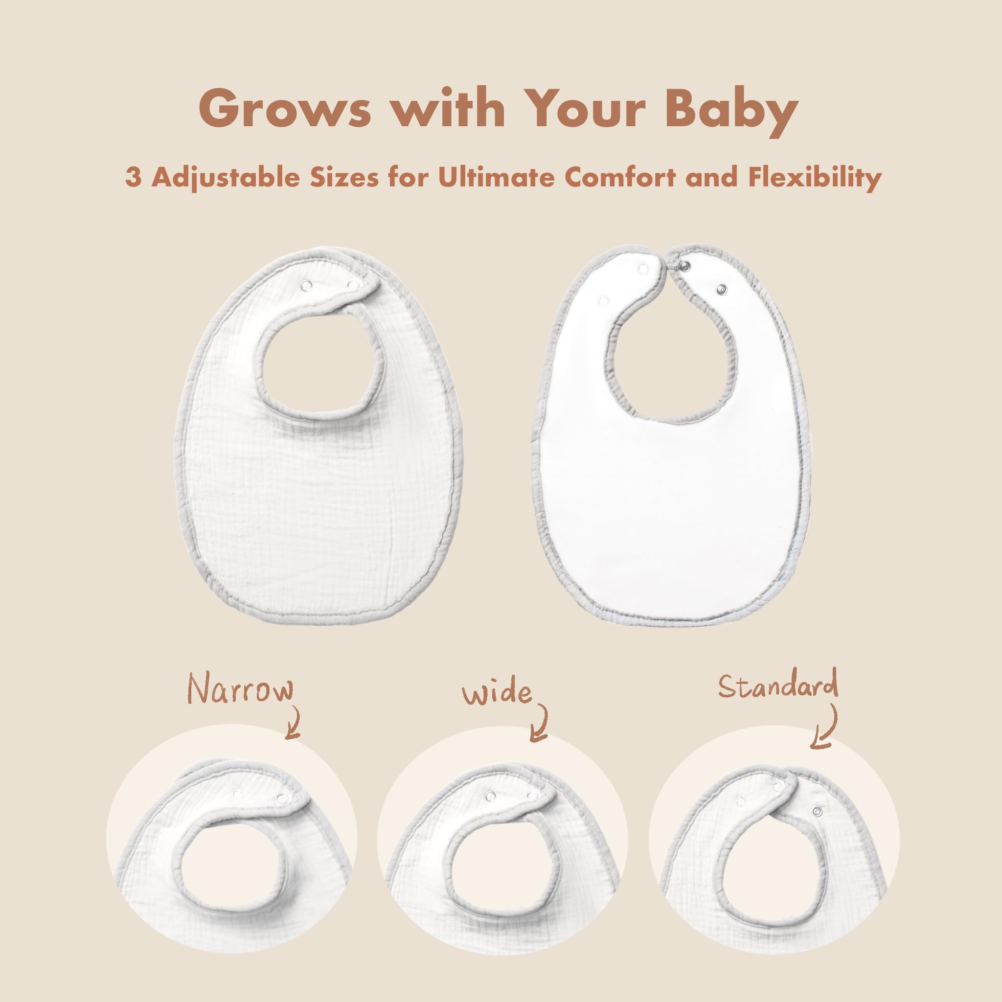 COOROBIN muslin bibs back view with adjustable snaps for growing babies.