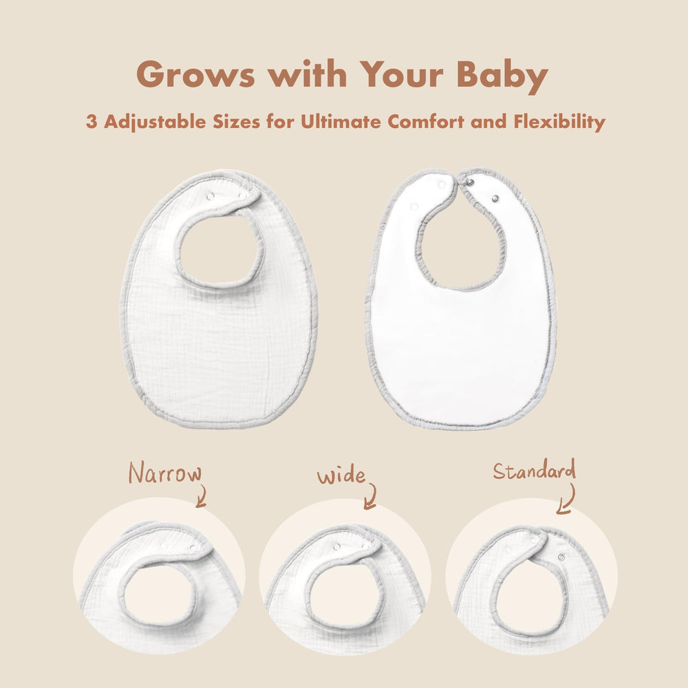 COOROBIN muslin bibs back view with adjustable snaps for growing babies.