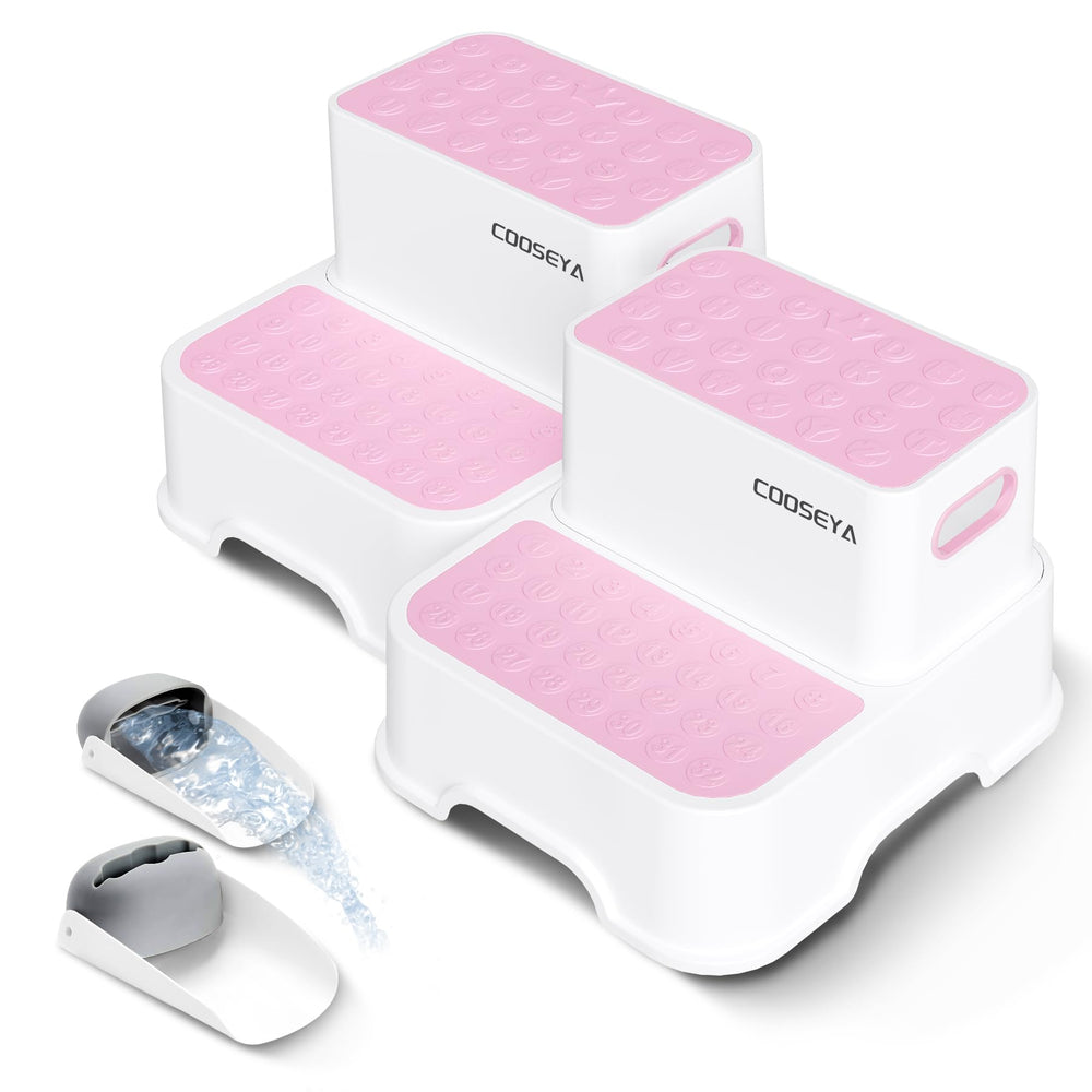 COOSEYA pink 2-step stool front view helps kids reach sinks safely.