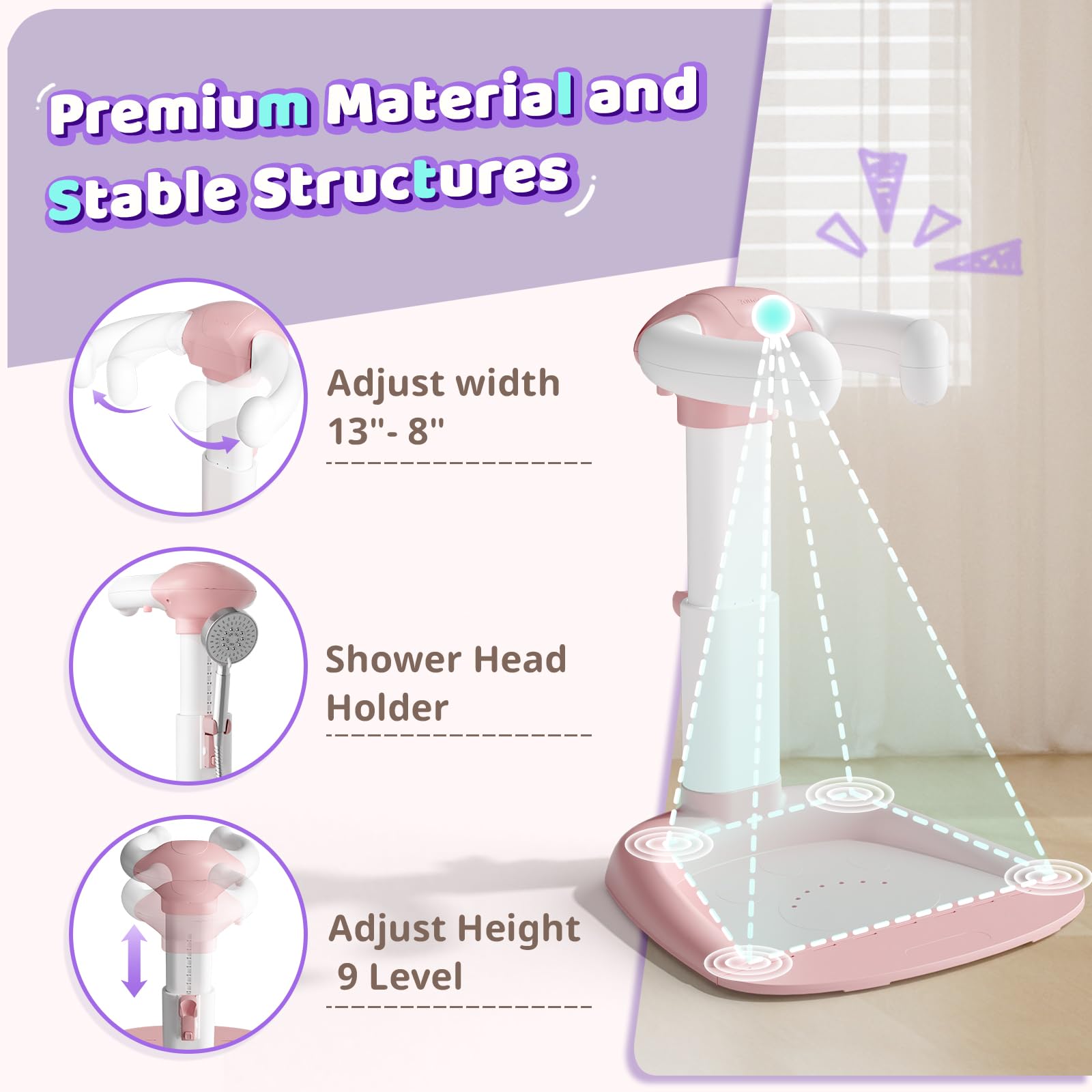 COOSEYA Shower Stand showing stable triangular base for secure baths.