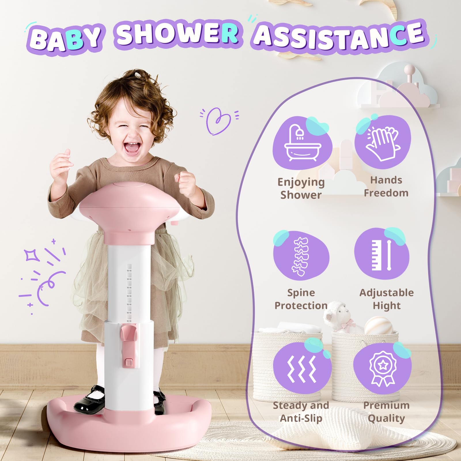 COOSEYA Adjustable handle aids diaper changes and cleaning while the child stands.