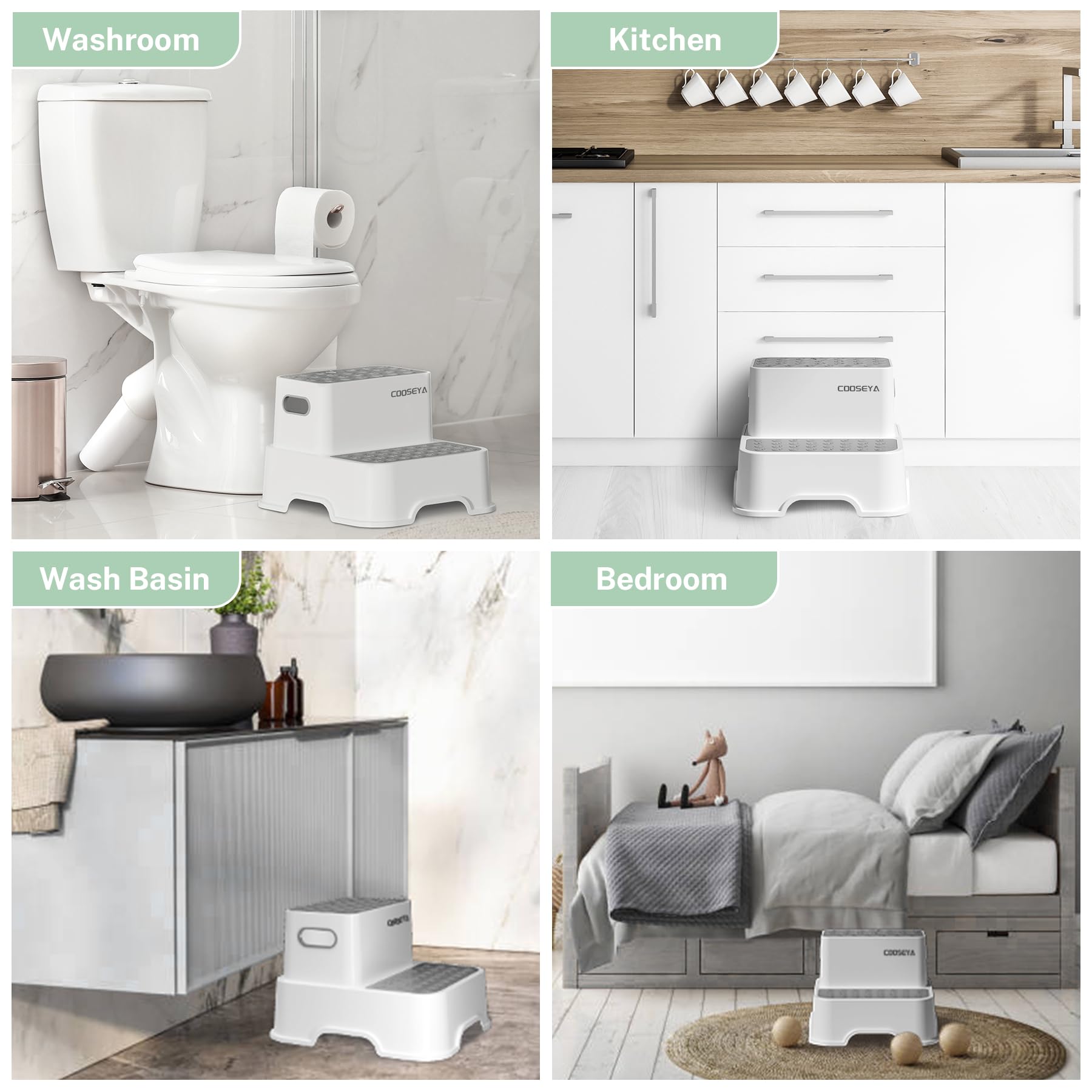 COOSEYA 2-step stool set promotes independent bathroom routines.