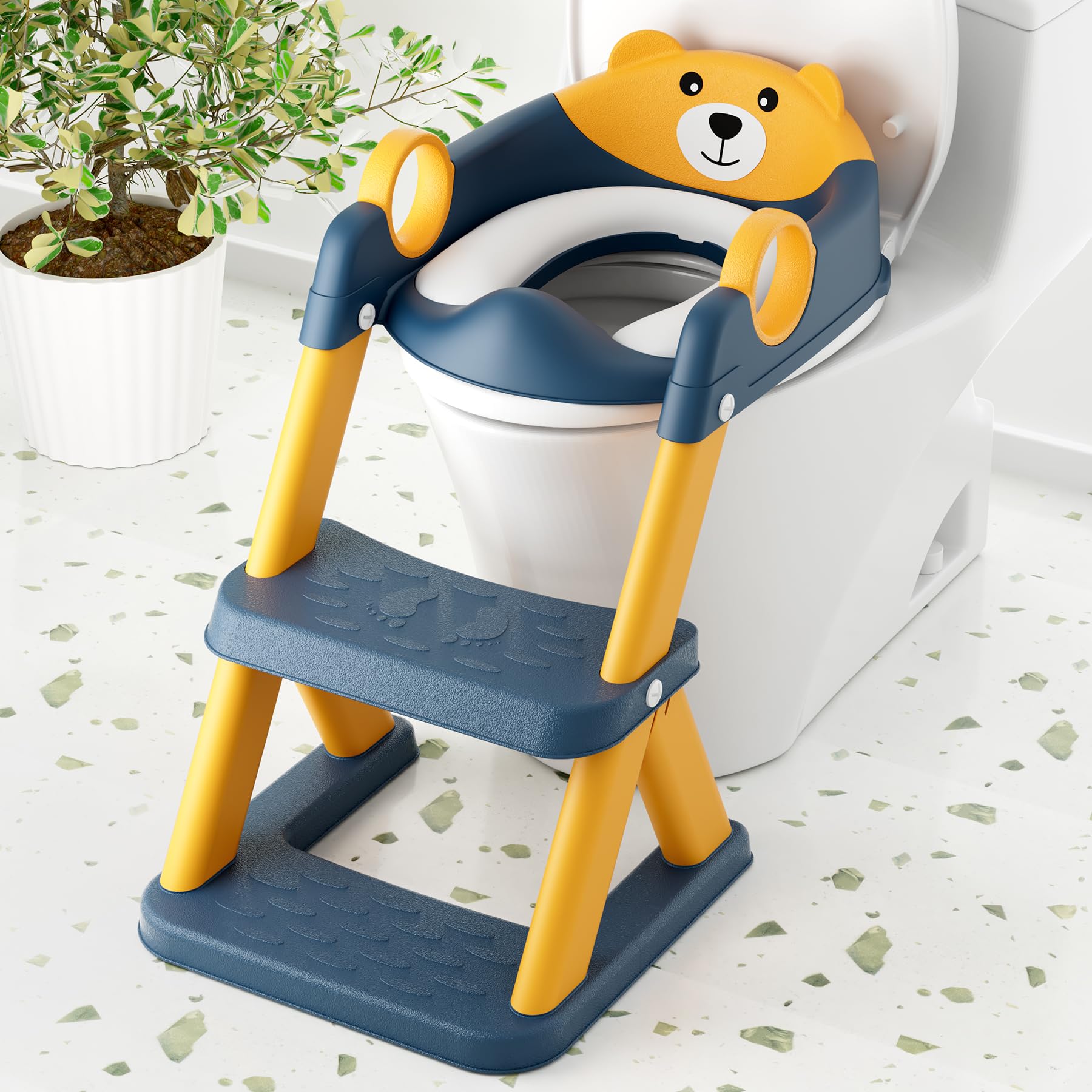 COOSEYA toilet seat with step stool, front view shows sturdy triangular base for safety