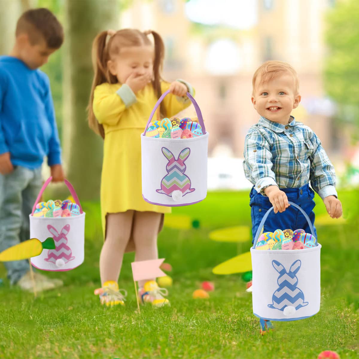 Kids carrying the bag during an Easter egg hunt.