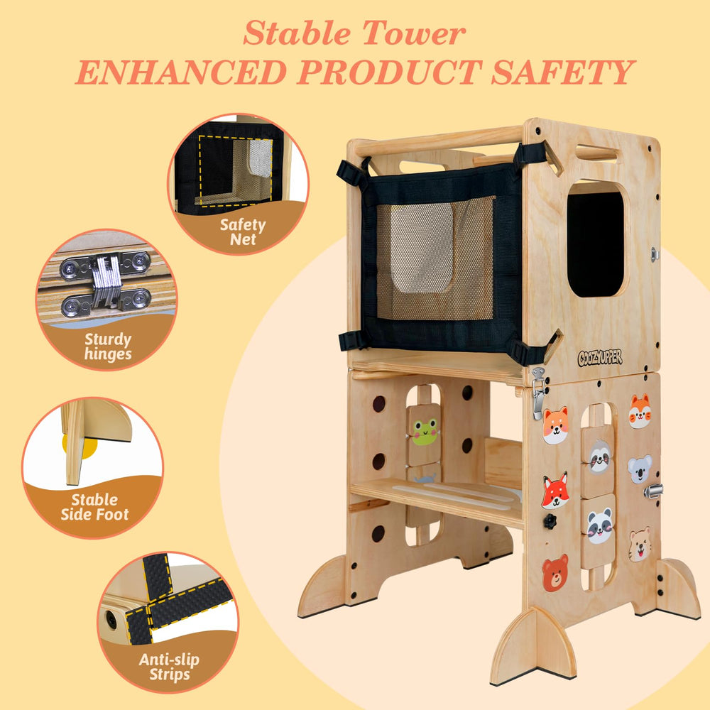 Coozyupper tower anti-drop structure keeps kids secure at counter height.