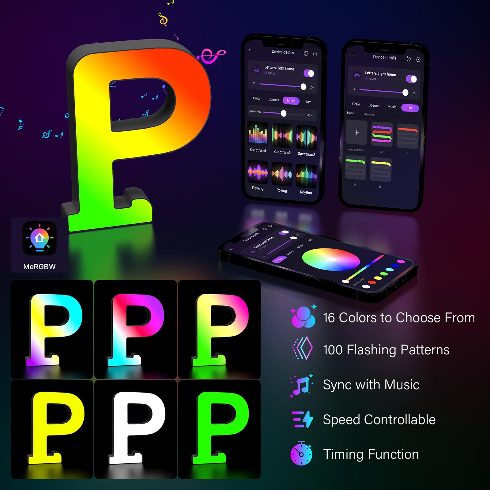 Coplsdors MRGB-P LED letters sync with music for dynamic party atmosphere.