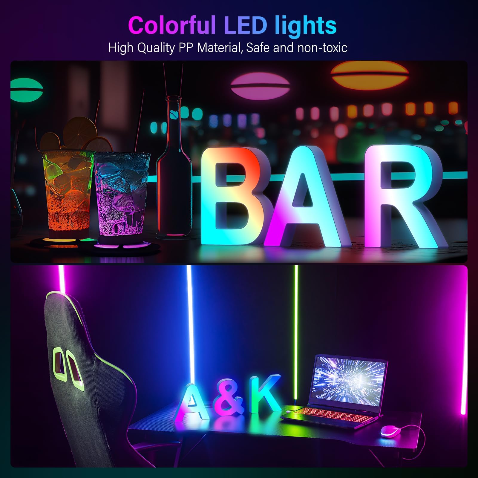 Coplsdors MRGB-Z wall-mountable letters show colorful glow with back-hanging hole for easy display.