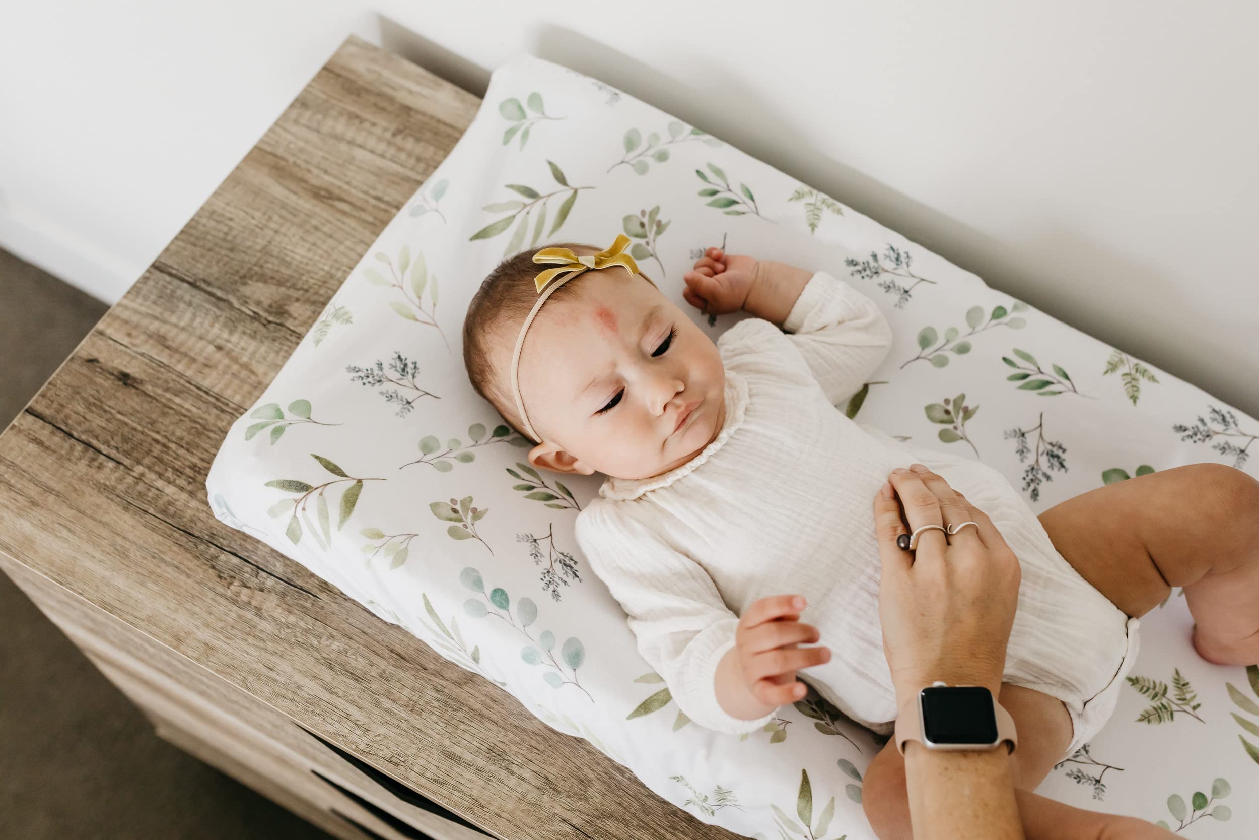 Copper Pearl premium knit cover provides breathable comfort for baby during diaper changes.