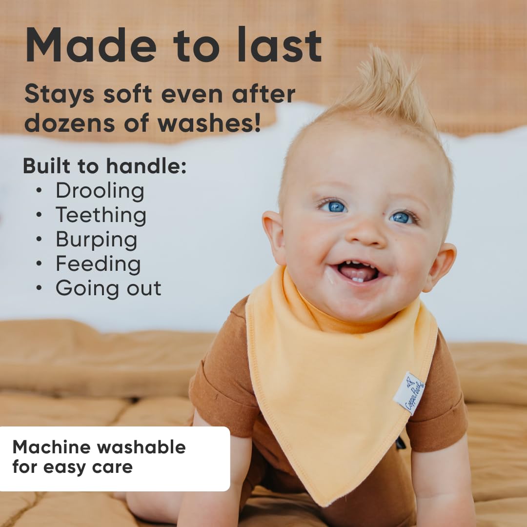 Copper Pearl bandana bib worn by a baby, keeping clothes clean during meals