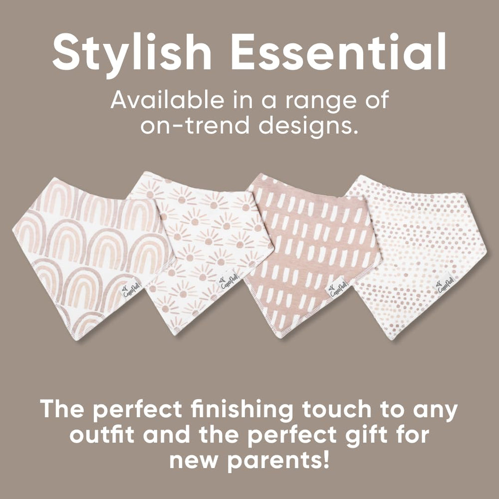 Copper Pearl Bliss bib prints add fashion-forward style while keeping babies clean.
