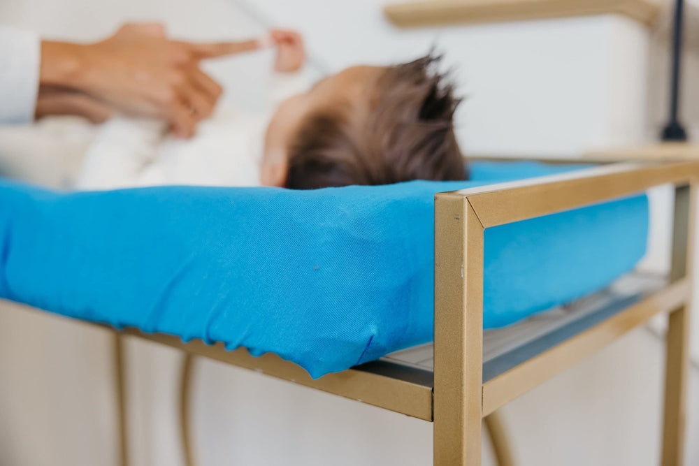 Copper Pearl Blueberry universal-fit cover on changing table demonstrates compatibility.