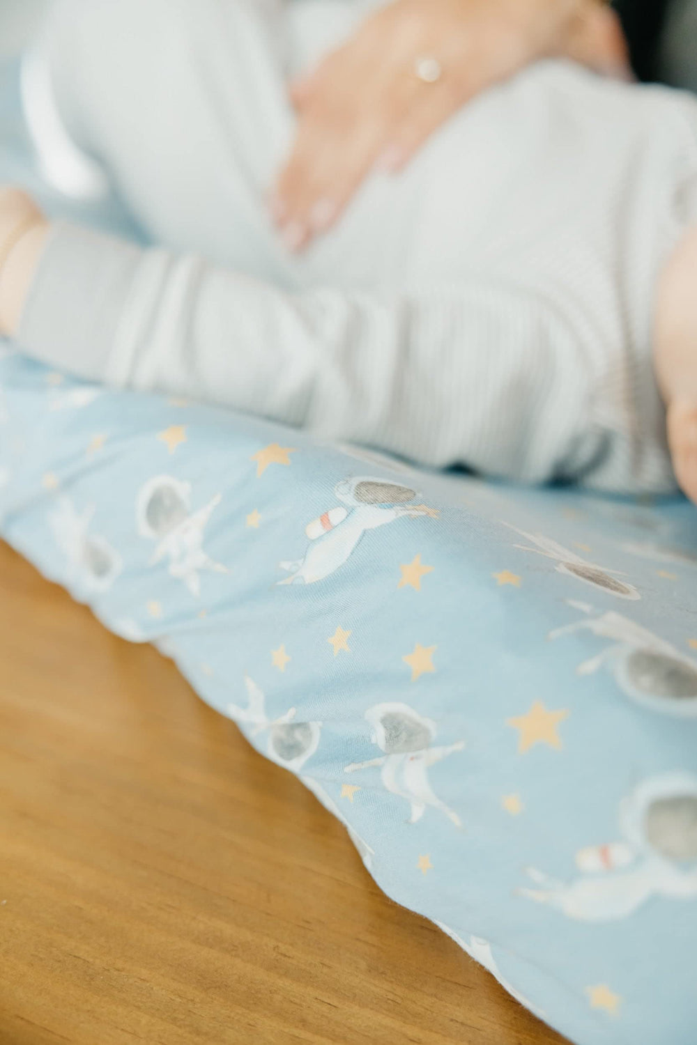 Copper Pearl breathable knit fabric keeps baby comfortable during diaper changes.