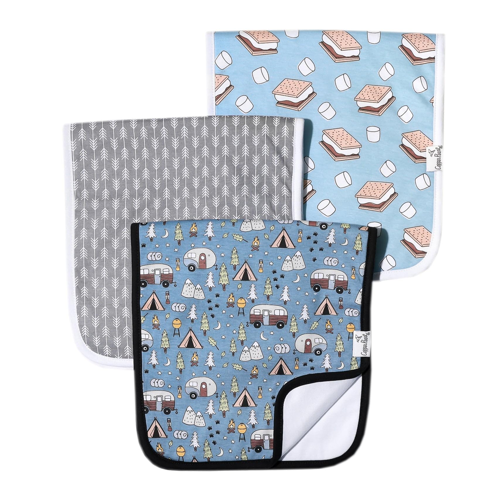 Copper Pearl Bridger Set burp cloth on shoulder with soft, absorbent fabric.