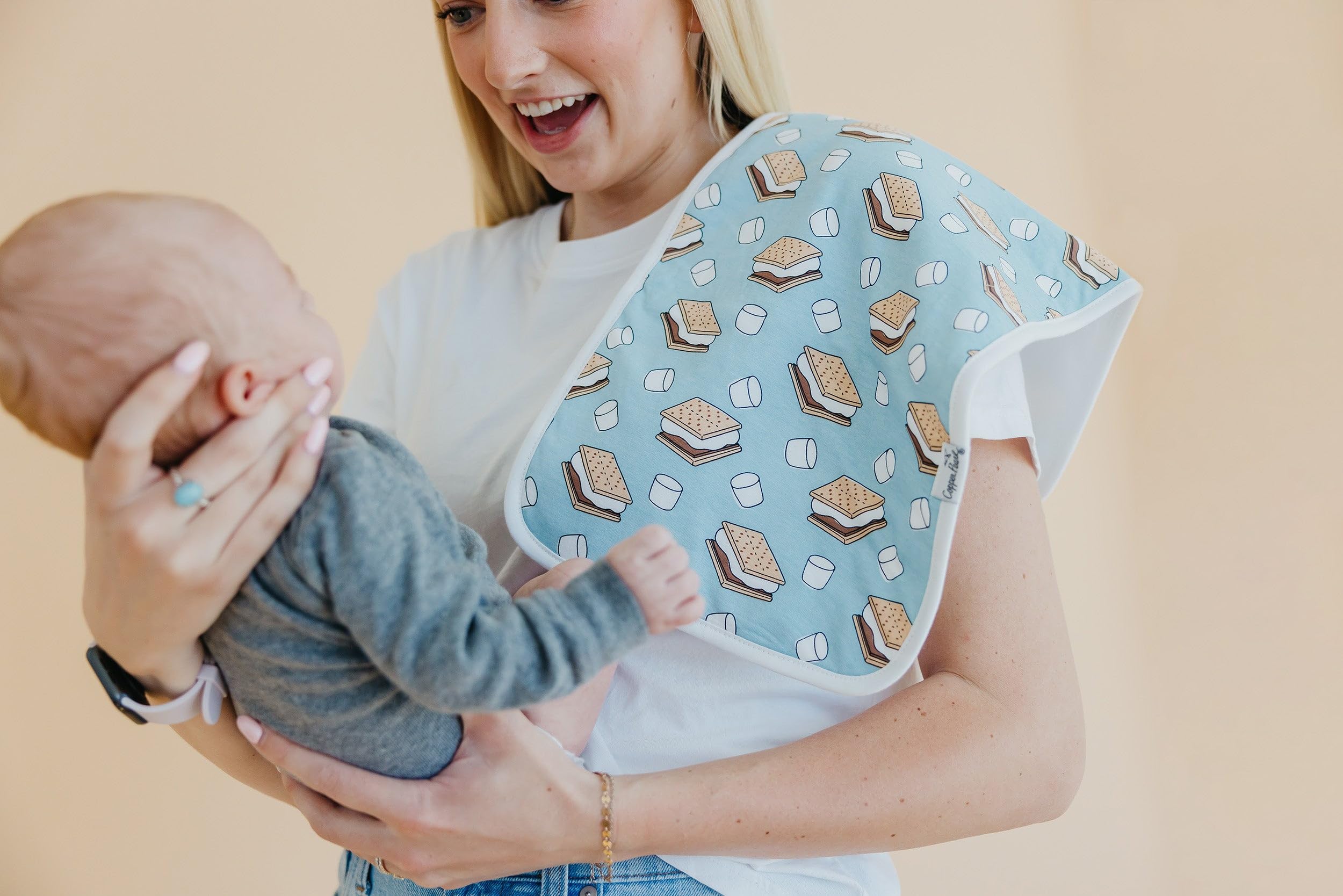 Machine-washable Copper Pearl burp cloth for quick, easy cleaning.