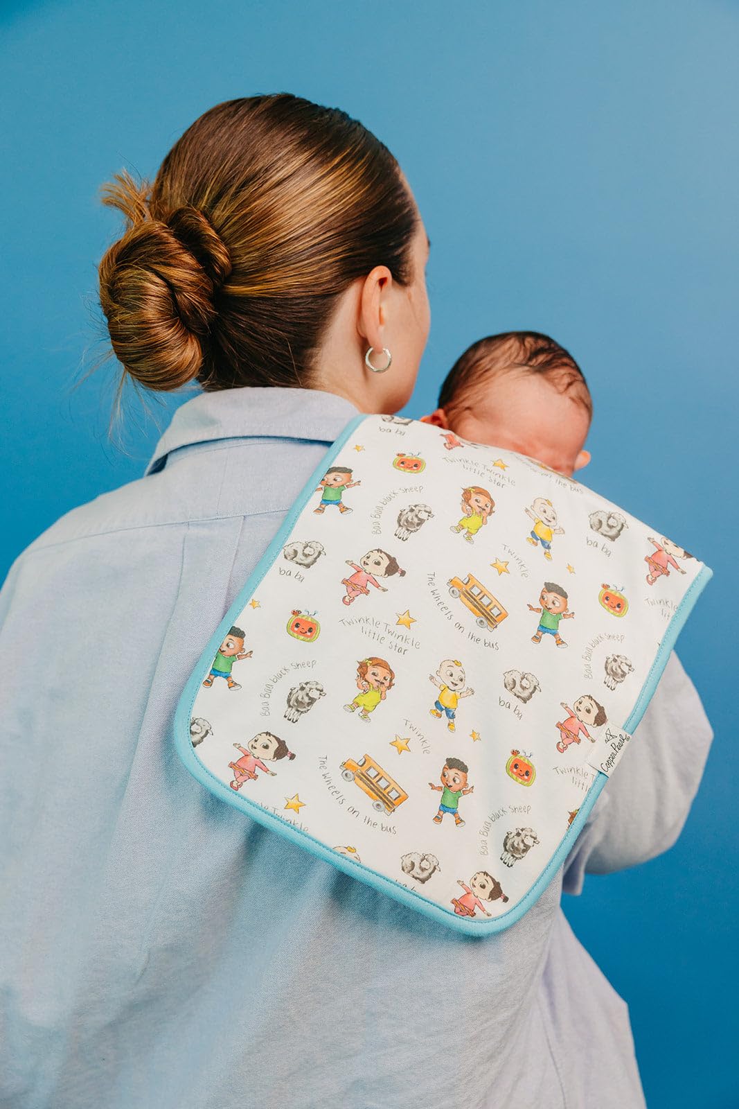 Copper Pearl burp cloth CoComelon Friends pattern coordinates with bandana bibs