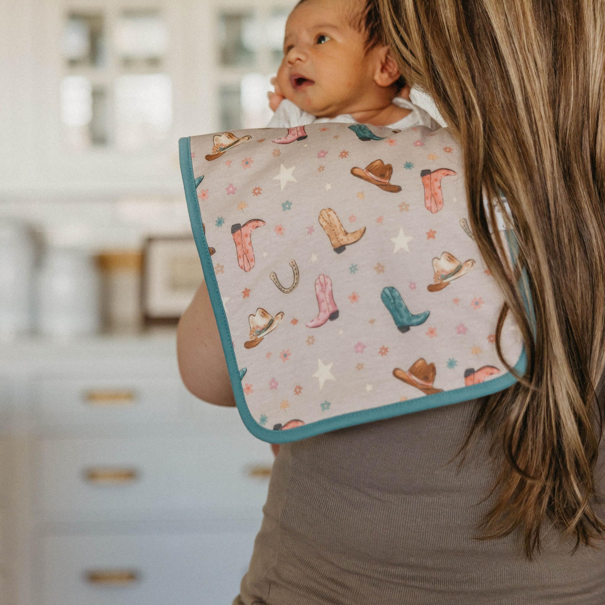 Copper Pearl burp cloth large 21x10 shows oversized coverage for busy parents