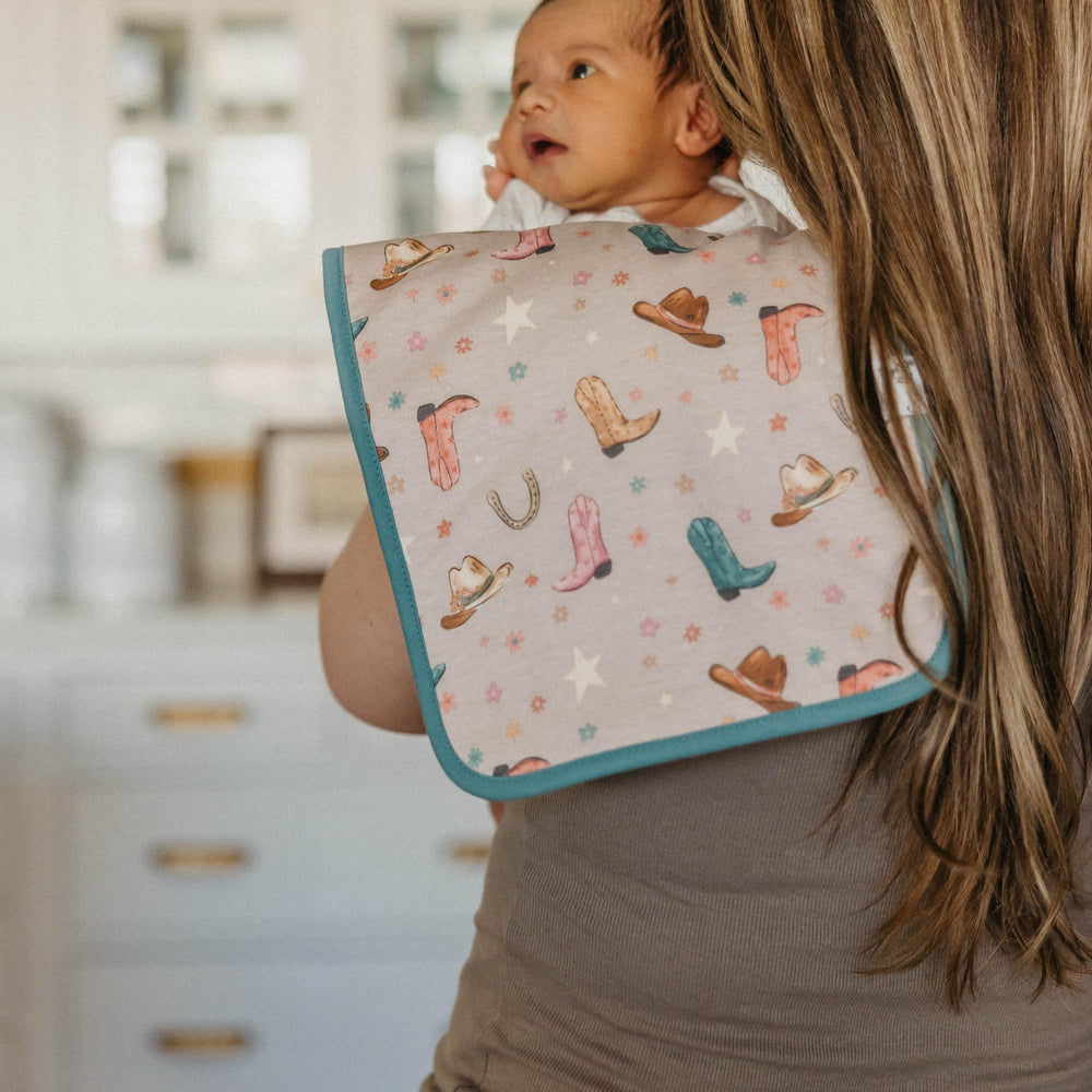 Copper Pearl burp cloth large 21x10 shows oversized coverage for busy parents