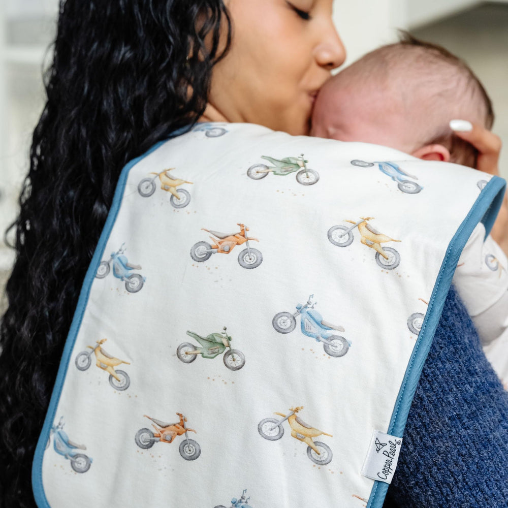 Copper Pearl burp cloth with absorbent fleece layer for drool containment.