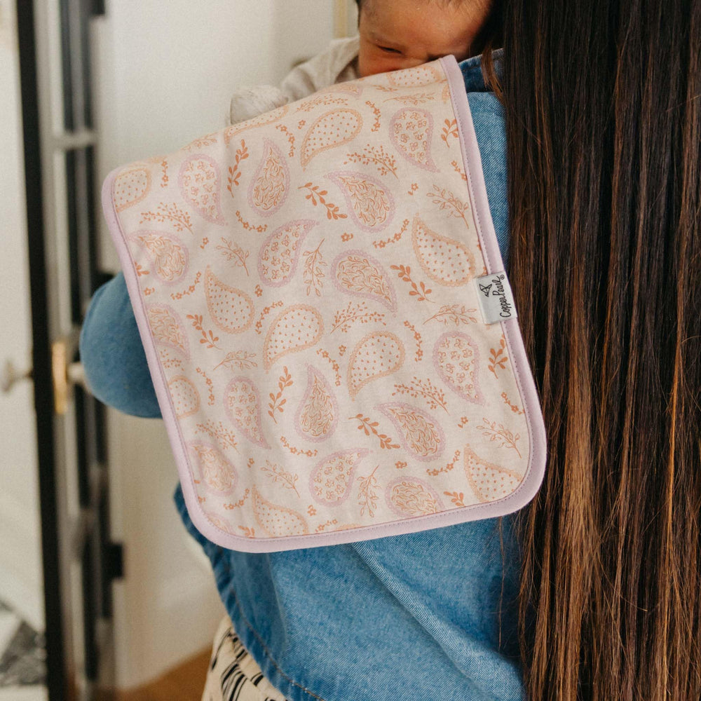 Copper Pearl burp cloth large provides reliable shoulder coverage during feedings