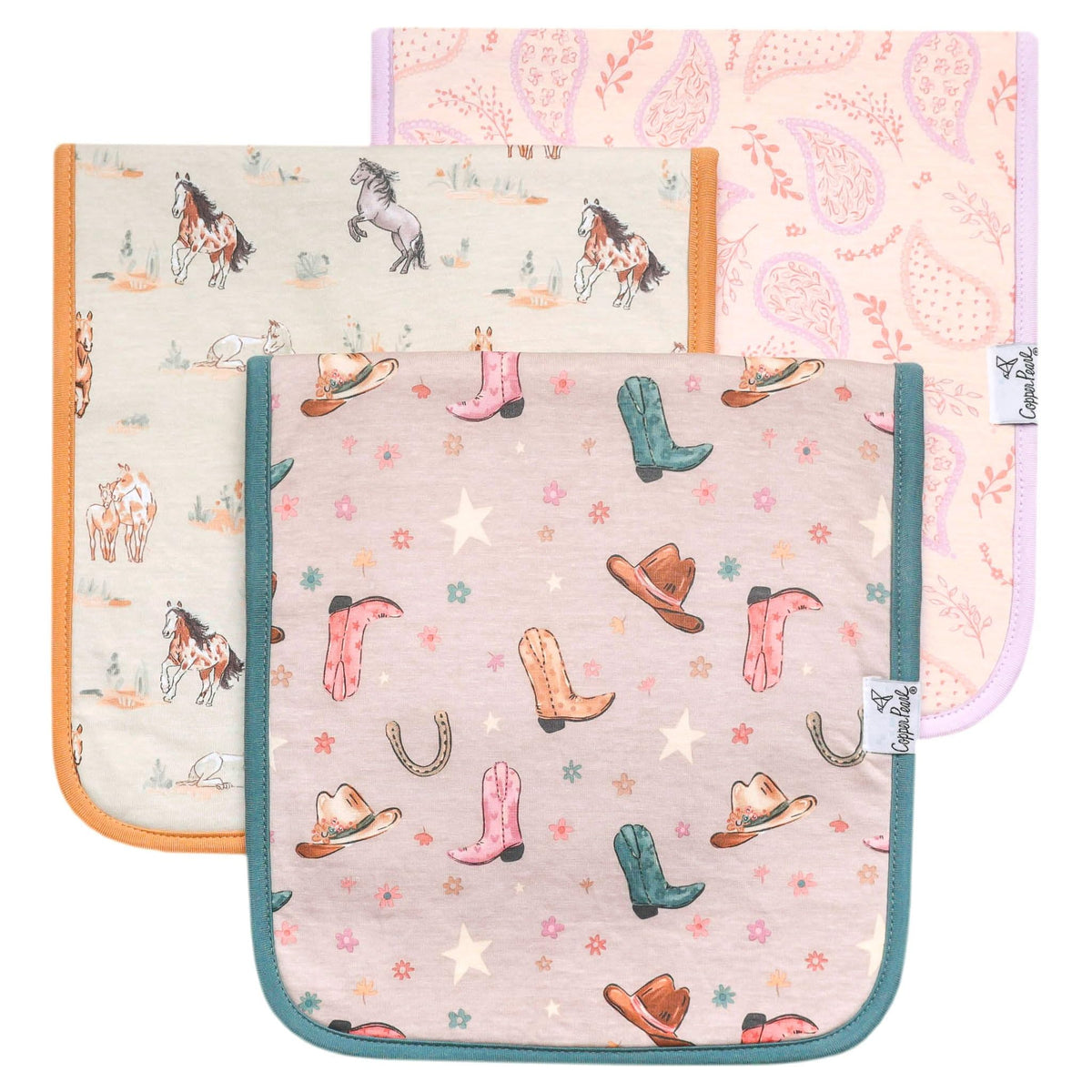 Copper Pearl burp cloth large pattern closeup showing chic print and softness for baby burping