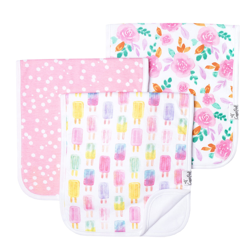 Copper Pearl 3-layer absorbent burp cloths showing two tone front and white back
