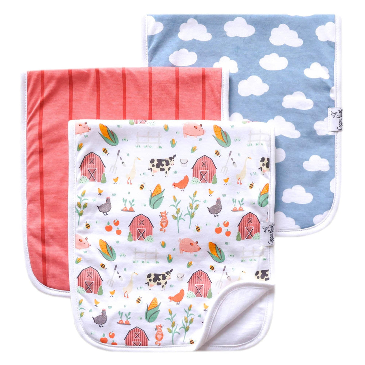 Copper Pearl farmstead burp cloths 21x10 inches with full shoulder coverage.