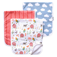 Copper Pearl farmstead burp cloths 21x10 inches with full shoulder coverage.