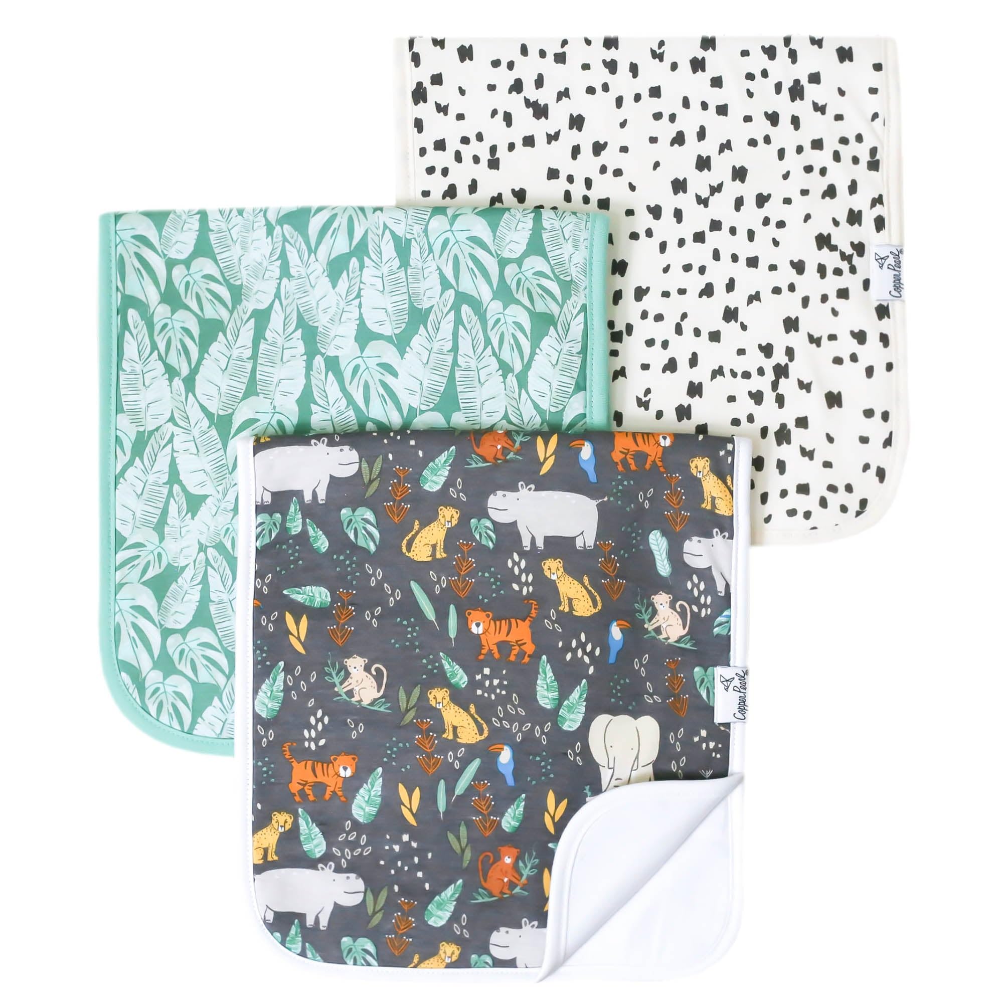 Copper Pearl burp cloths pattern design provides shoulder coverage during feeding.