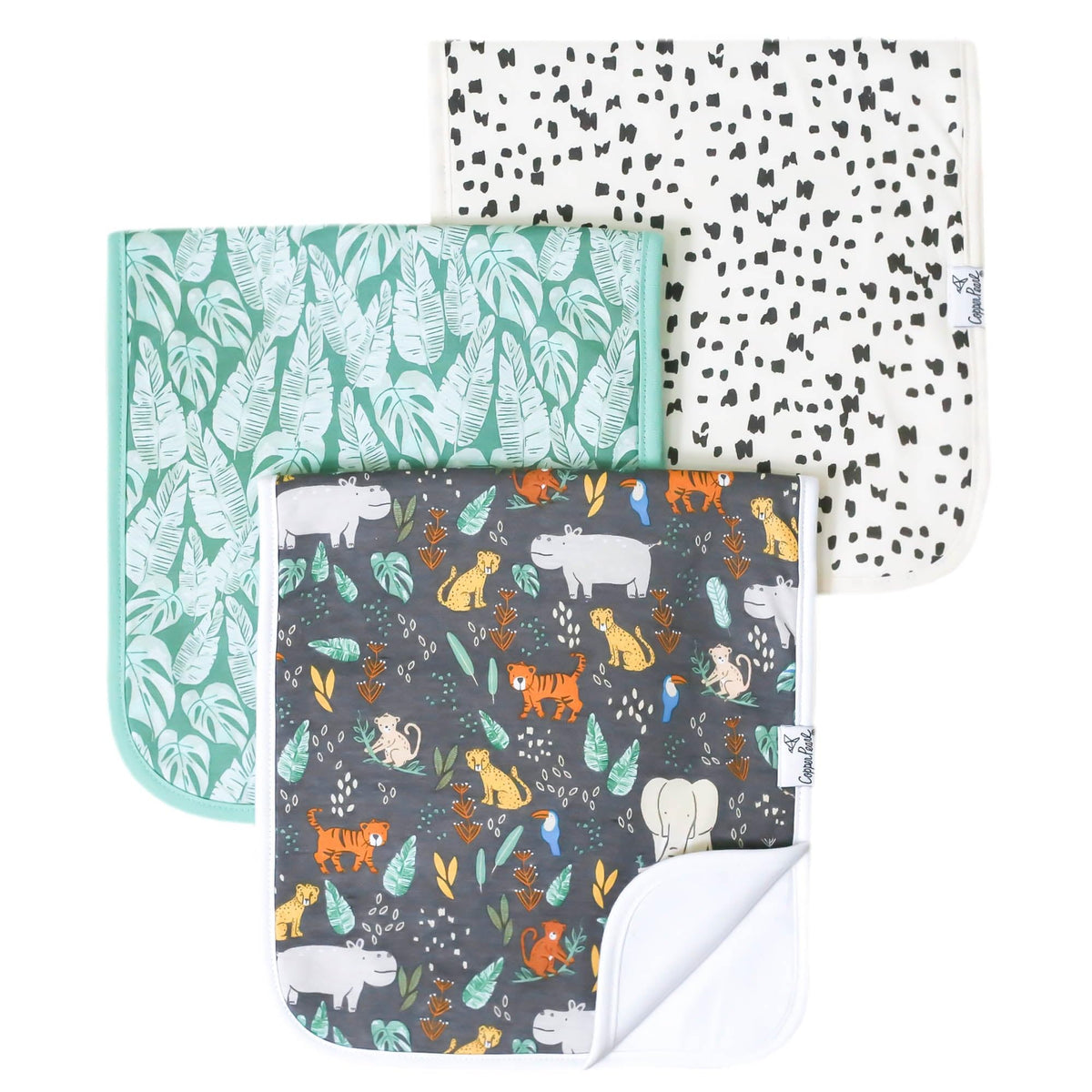 Copper Pearl burp cloths pattern design provides shoulder coverage during feeding.