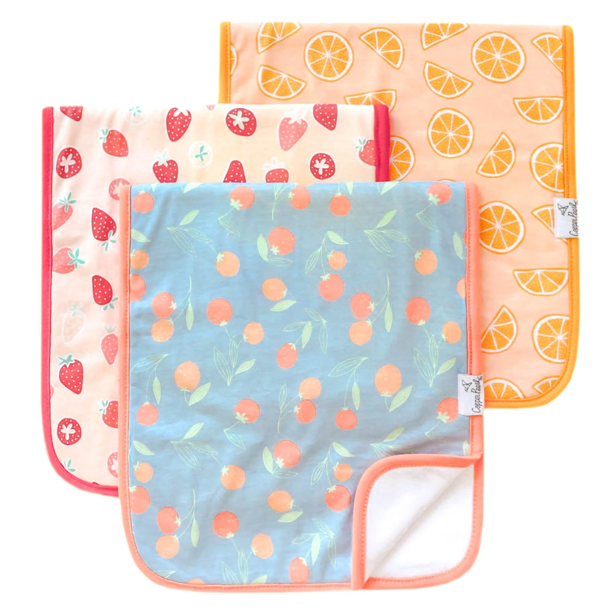 Copper Pearl Clementine burp cloths trio showing three-layer absorbent design for messes