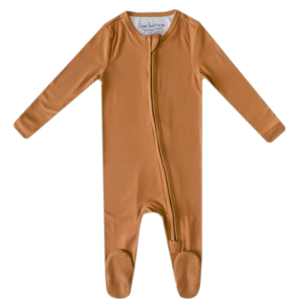 Copper Pearl camel zip-up footie pajama front view, cozy knit fabric