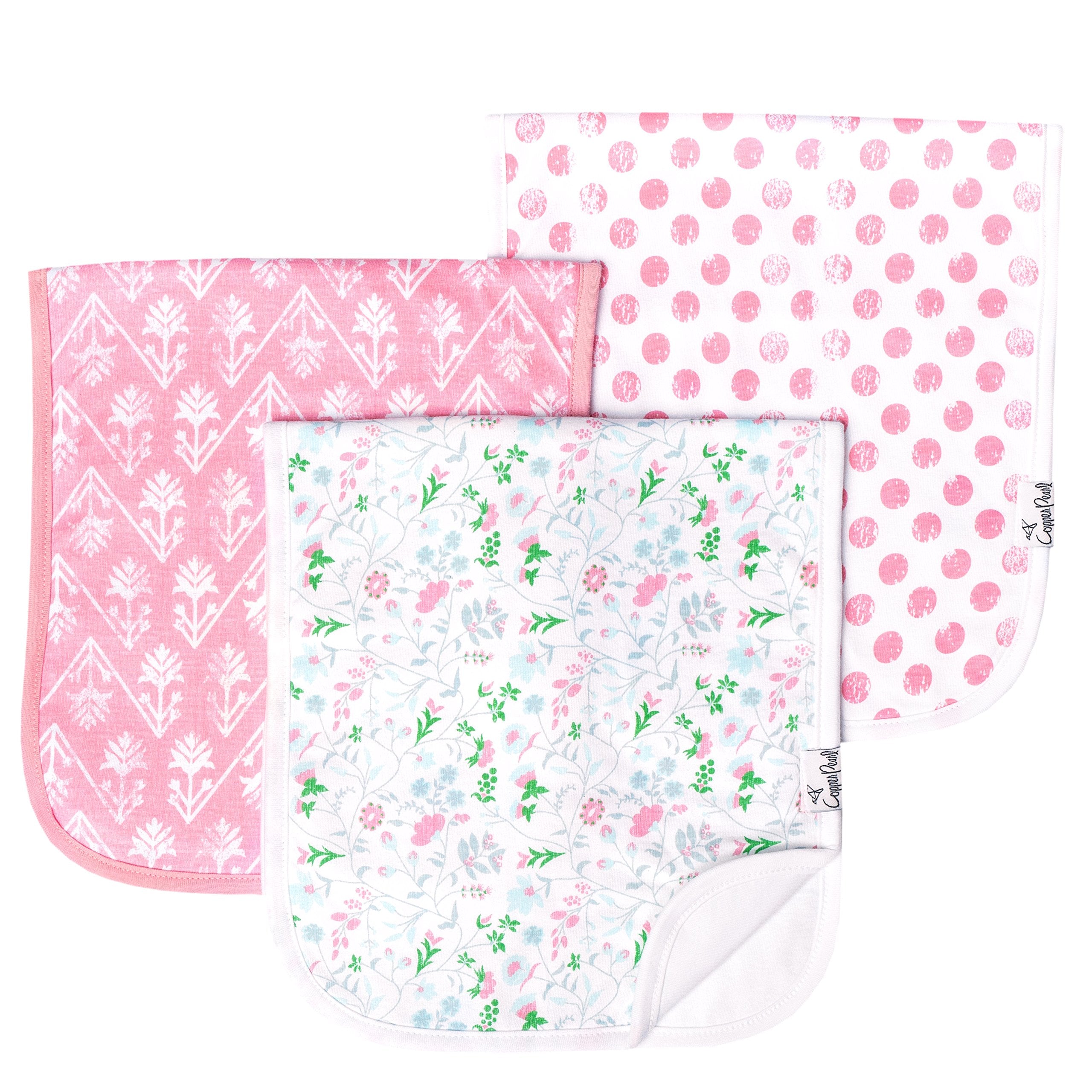 Copper Pearl Claire Set burp cloths front-pattern design provides stylish spit-up protection