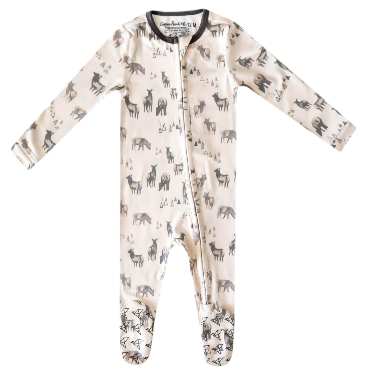 Copper Pearl Cody zip-up footie pajamas with ultra-soft knit fabric for baby comfort.