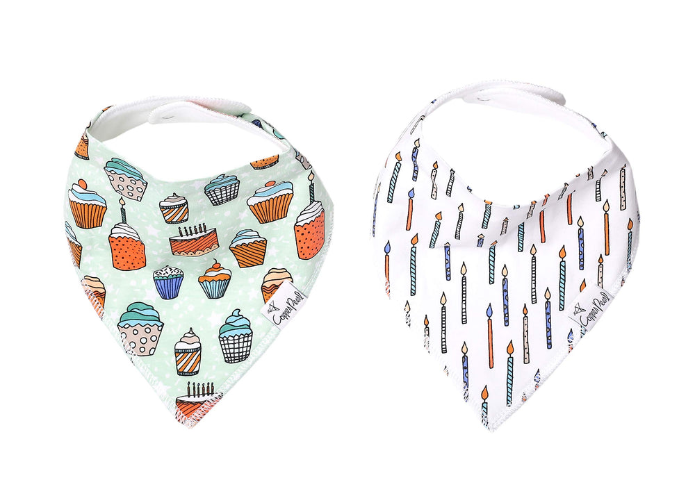 Copper Pearl Confetti bib front view shows soft breathable cotton for daily drool protection.