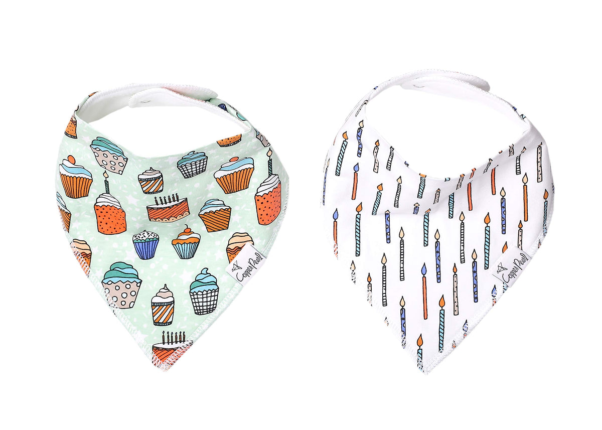 Copper Pearl Confetti bib front view shows soft breathable cotton for daily drool protection.