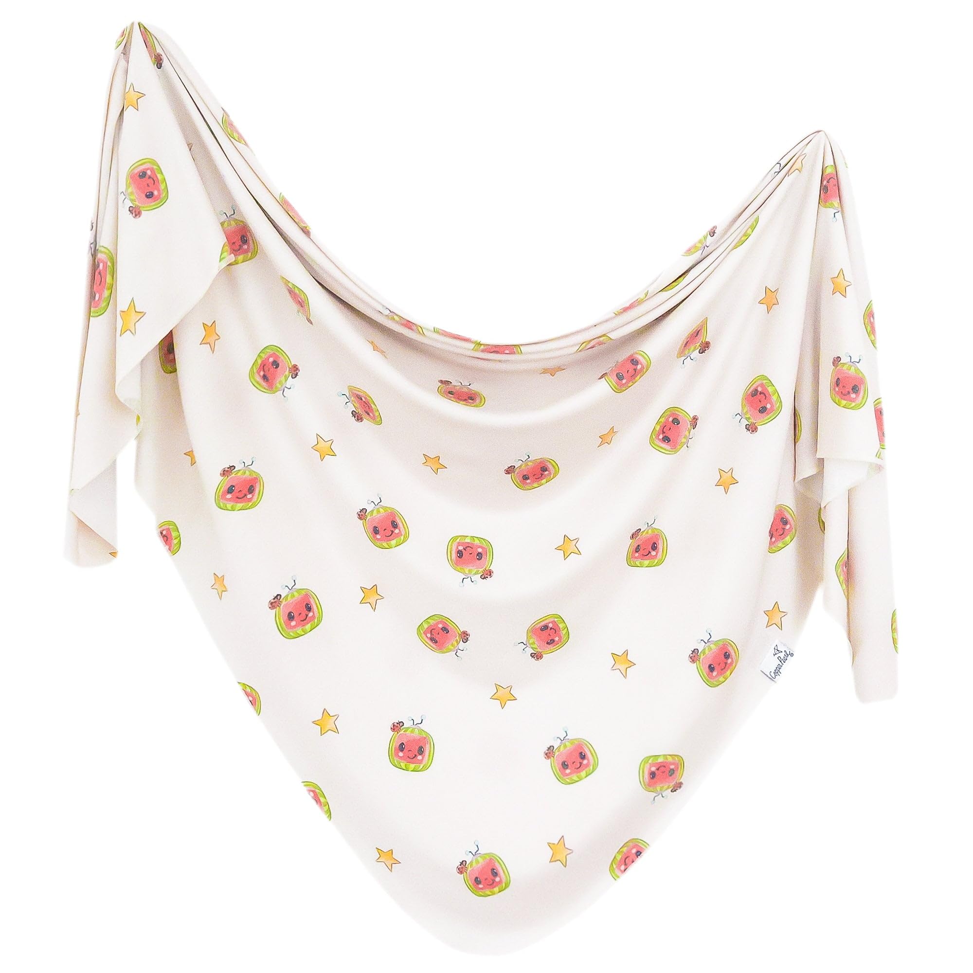 Copper Pearl CoComelon swaddle blanket, 46x46 inches, for cozy, secure swaddling.
