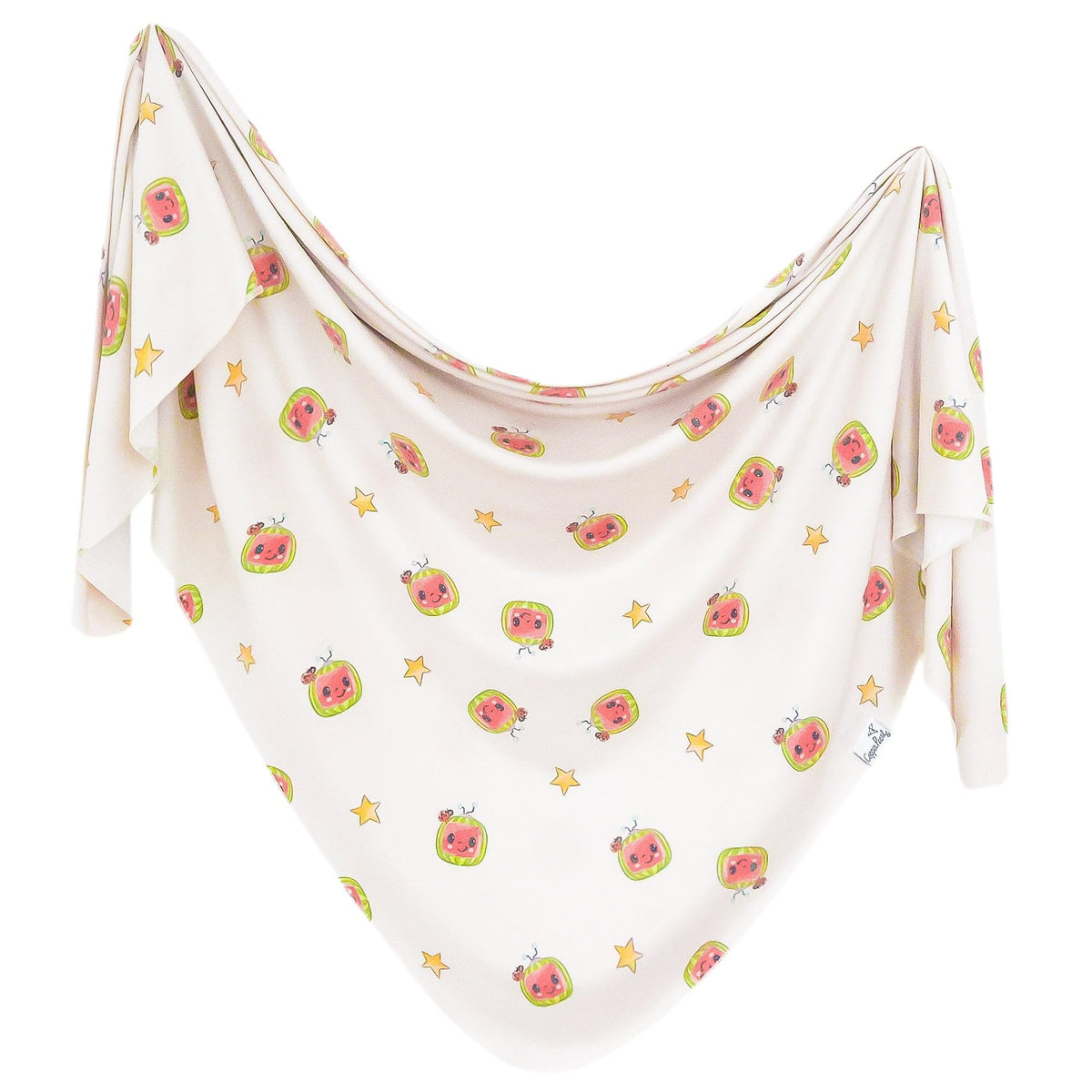 Copper Pearl CoComelon swaddle blanket, 46x46 inches, for cozy, secure swaddling.