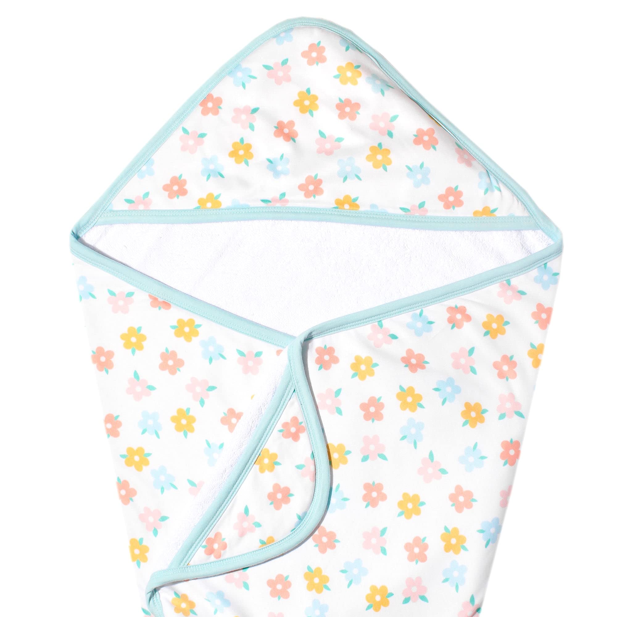 Copper Pearl Daisy hooded bath towel keeps baby warm after bath.