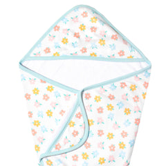 Copper Pearl Daisy hooded bath towel keeps baby warm after bath.