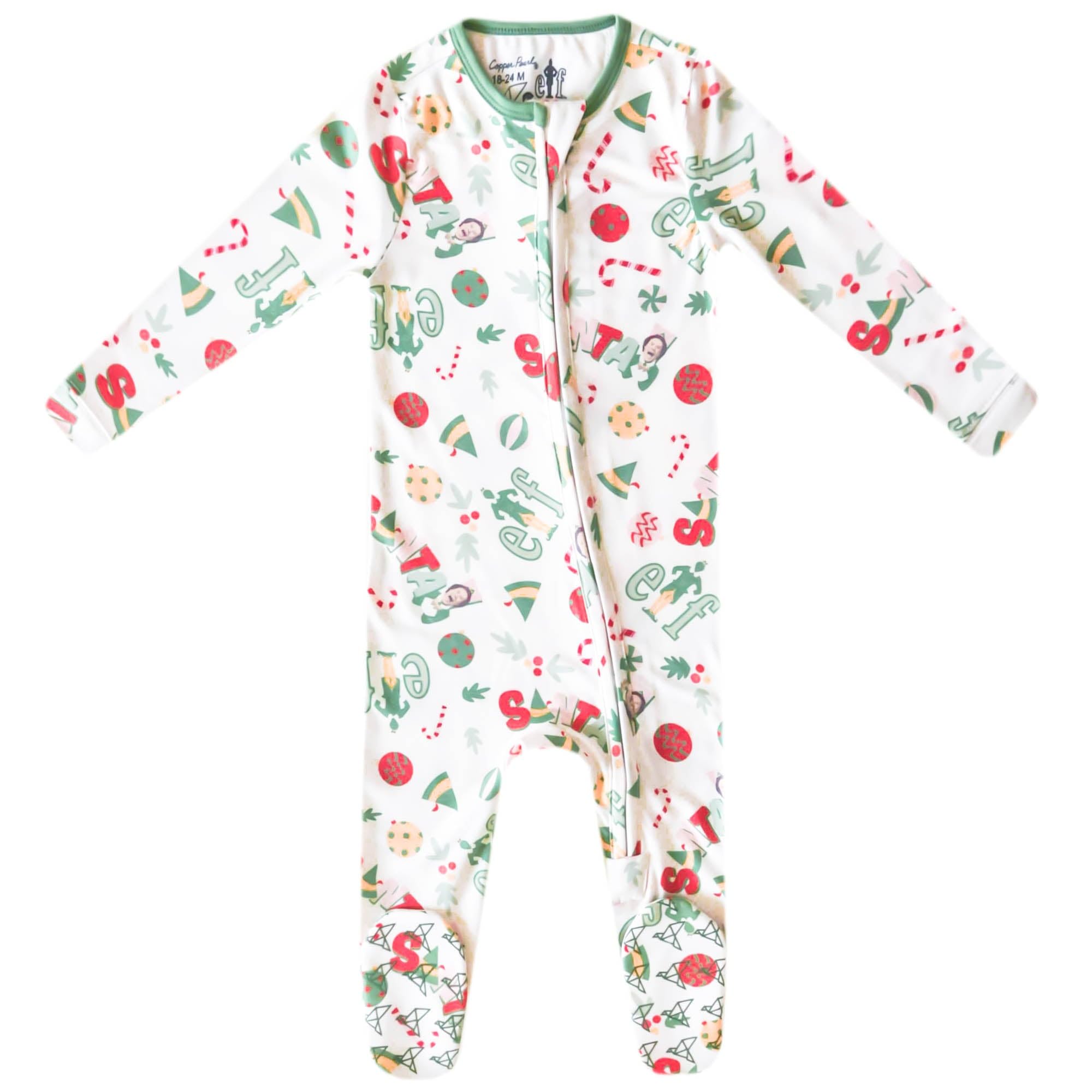 Copper Pearl Elf Zip-Up Footie Pajamas on a newborn; ultra-soft fabric promotes cozy nights.