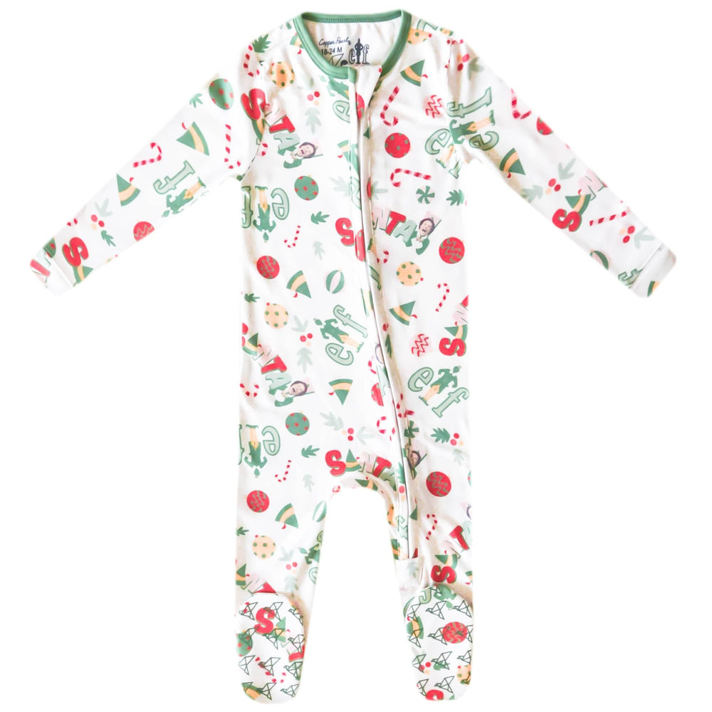 Copper Pearl Elf zip-up footie pajama front view in ultra-soft knit.