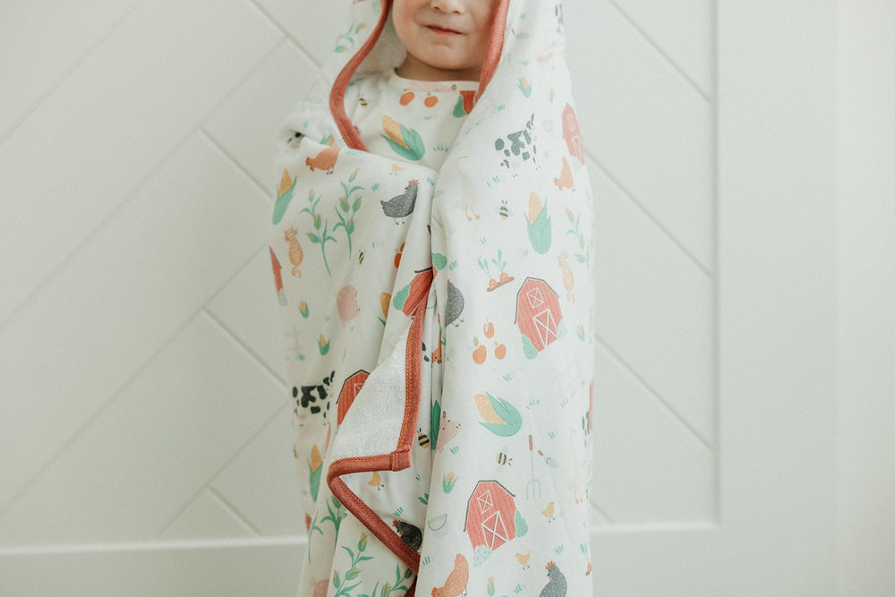 Copper Pearl Farmstead design hooded towel for playful bath time