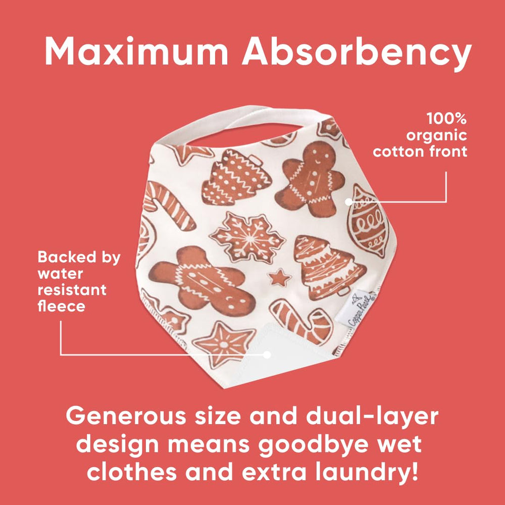 Copper Pearl Gingerbread bandana bib worn by baby, absorbent at messier meals
